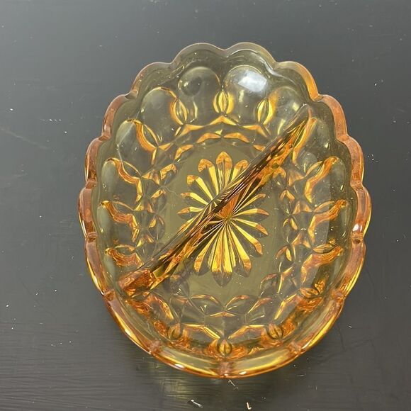 Vintage Indiana Amber Glass Oval Divided Candy Dish - Picture 3 of 5